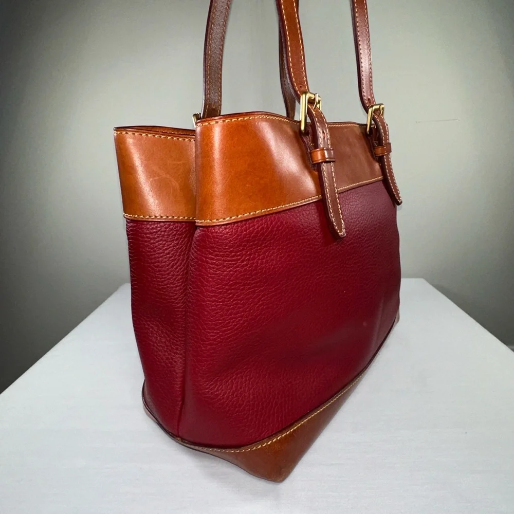 Dooney & Bourke Everyday Tote Burgundy Pebble Leather Tan Natural Patina Trim